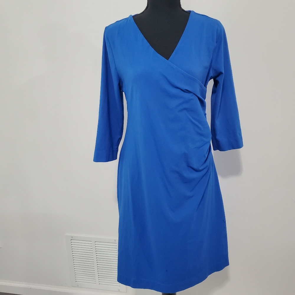 Soft Surroundings Blue Faux Wrap Surplice Wear Anywhere Dress Size Petite Medium